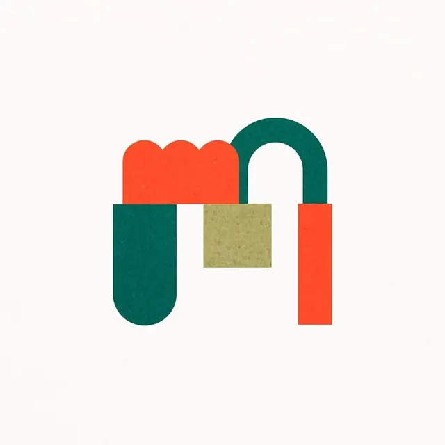 M monogram logo with stacked shapes, minimal, geometric, warm