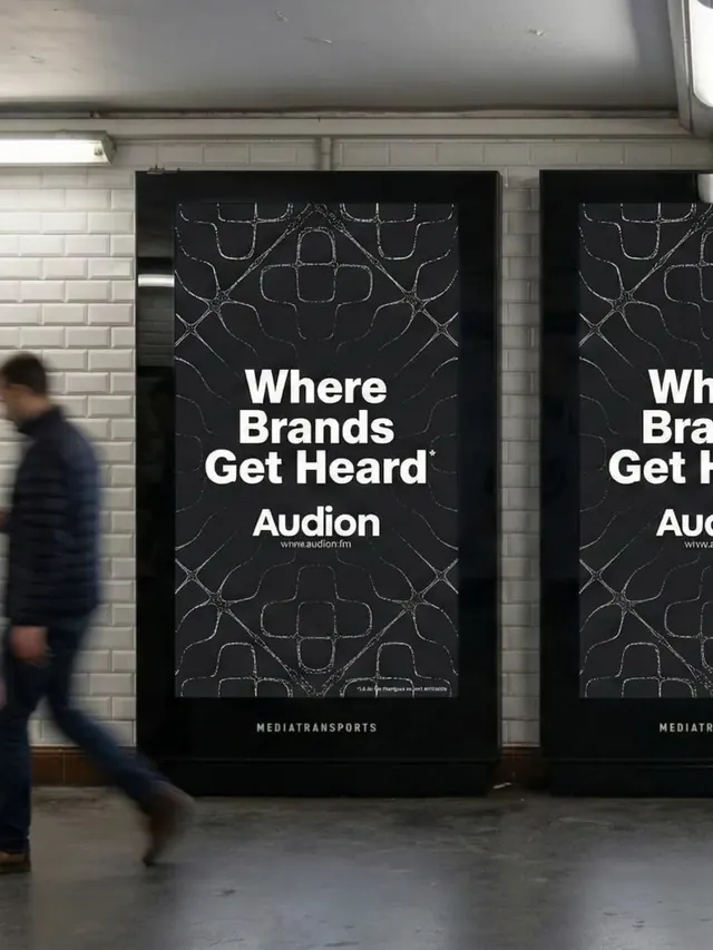 Audion transit advertising with geometric pattern, minimal, corporate-clean, dark
