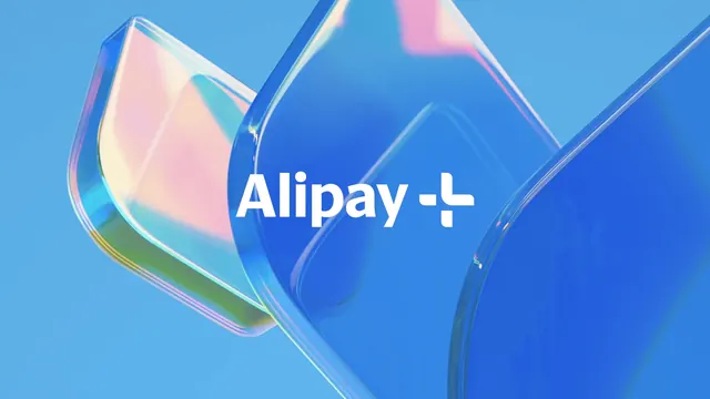 Alipay+ logo over iridescent glass forms, 3d-render, minimal, cool