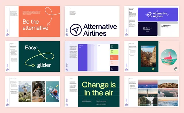 Alternative Airlines brand book spreads grid, swiss, editorial, vibrant