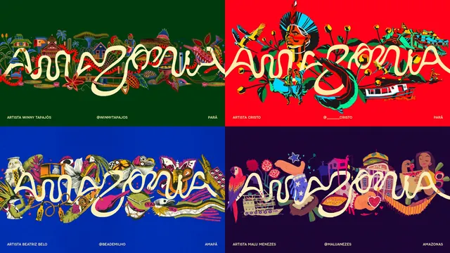 Amazonia logotype with four regional artist illustrations, illustrated, maximalist, vibrant