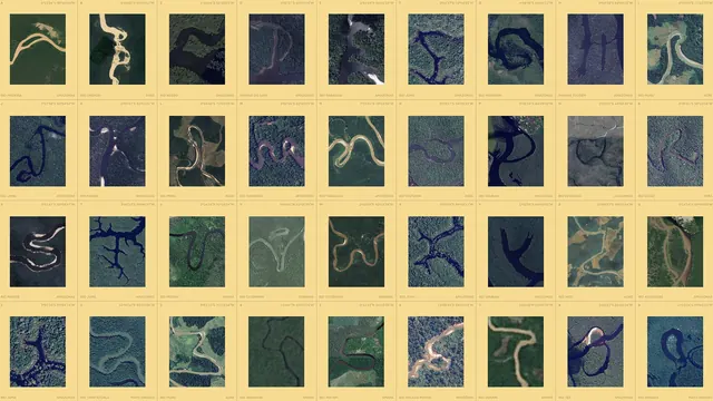 Amazonia satellite river alphabet grid, technical, infographic, warm