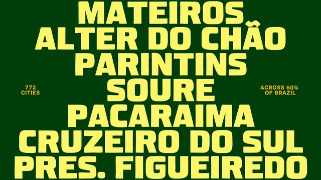 Amazonia city-name type specimen in yellow on green, typographic, flat, high-contrast