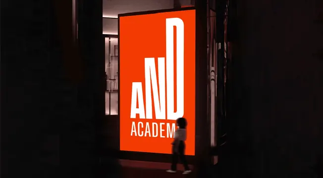 AND Academy illuminated street signage, photographic, typographic, dark