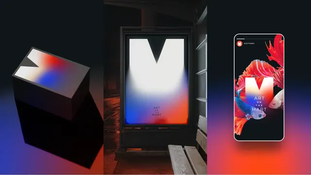 Art on The Mart applications triptych, dark-mode, gradient-heavy, dark