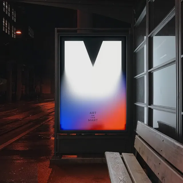 Art on The Mart bus shelter poster at night, photographic, gradient-heavy, dark