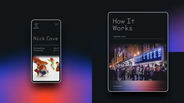 Art on The Mart mobile and tablet screens, dark-mode, minimal, dark