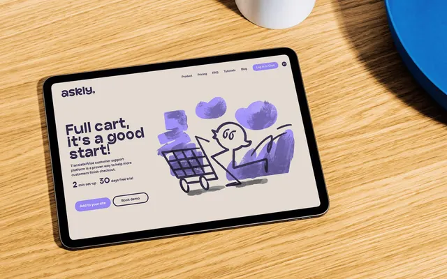 Askly homepage on a tablet mockup, photographic, illustrated, warm