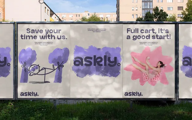Askly billboard hoarding with three-poster campaign run, photographic, illustrated, muted
