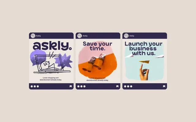 Askly social post templates in three-up frame, illustrated, playful, light