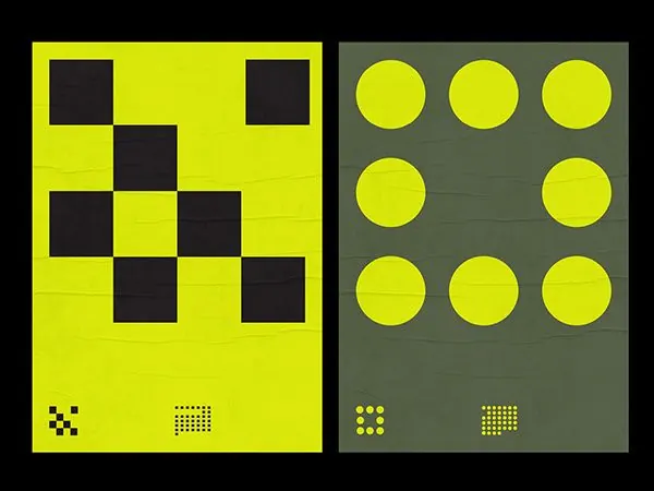 Geometric pixel-art logo system, geometric, minimal, dark