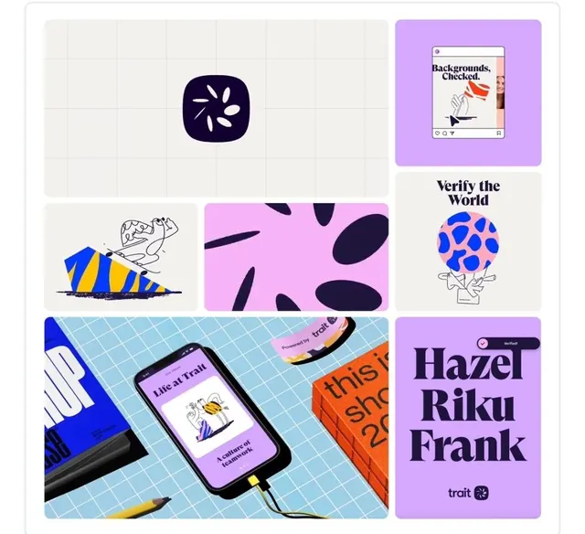 Trait brand identity collage, flat, illustrated, vibrant