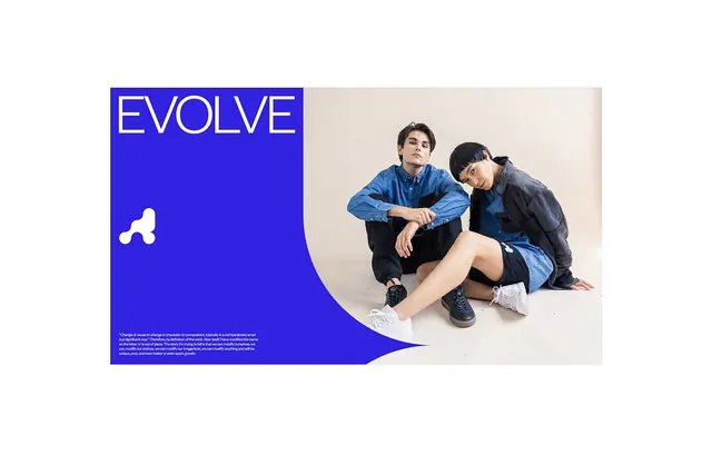 Evolve: oversized type with brand mark and lifestyle split layout, minimal, corporate-clean, dark