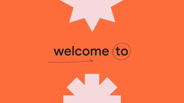 Coral welcome graphic with symmetrical star accents, minimal, geometric, vibrant