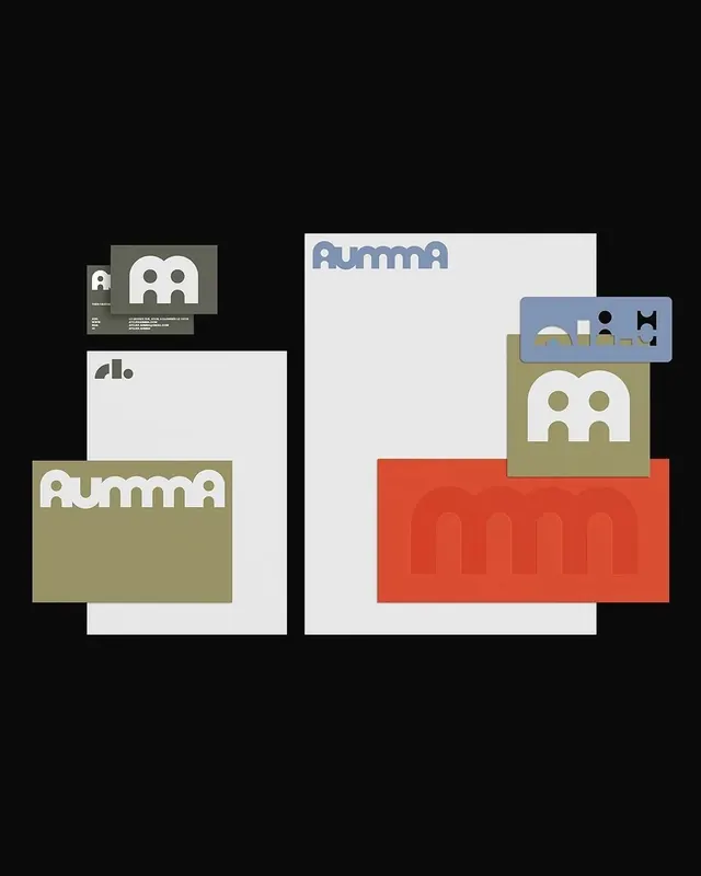 Rumma brand identity system with modular blocks, minimal, geometric, earthy