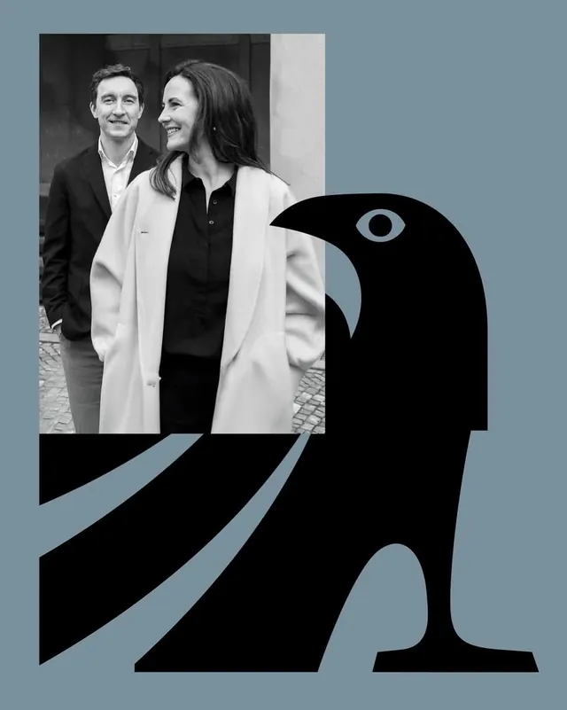 Portrait with graphic bird silhouette overlay, minimal, editorial, dark