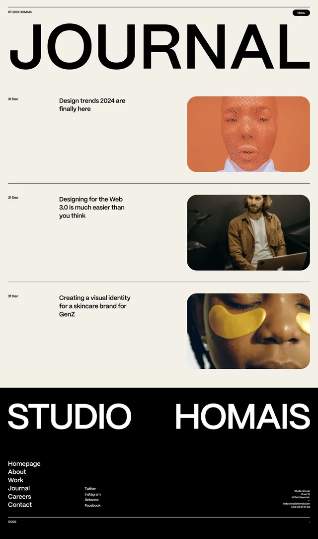 Studio portfolio with journal preview grid, minimal, editorial, light