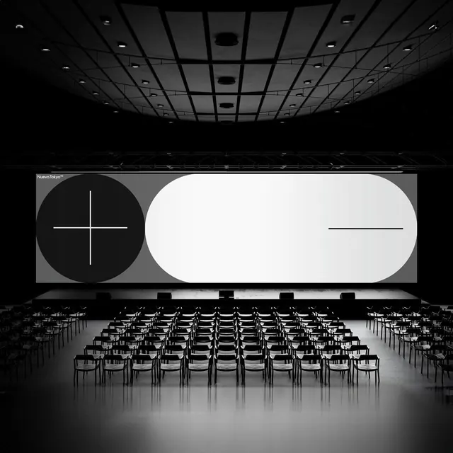 Minimal monochrome auditorium identity display, minimal, brutalist, dark