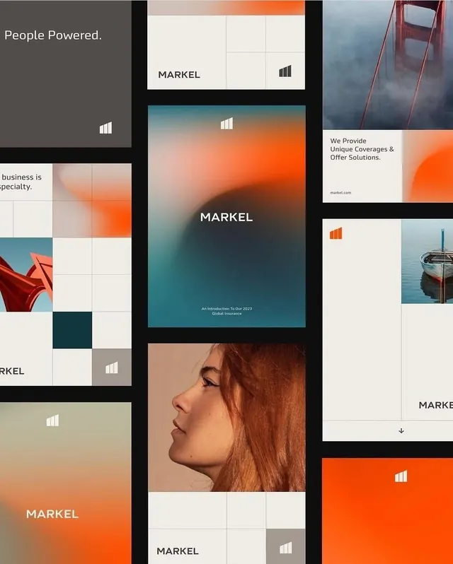 Markel brand identity system, minimal, corporate-clean, light