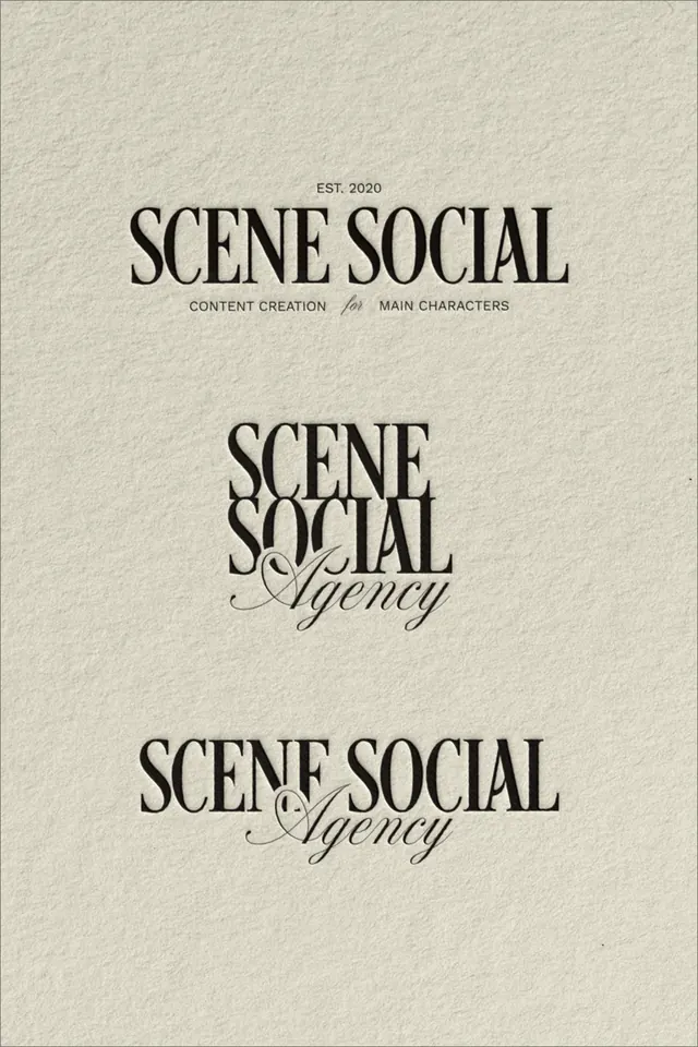 SCENE SOCIAL serif agency wordmark specimen, minimal, monochrome, light