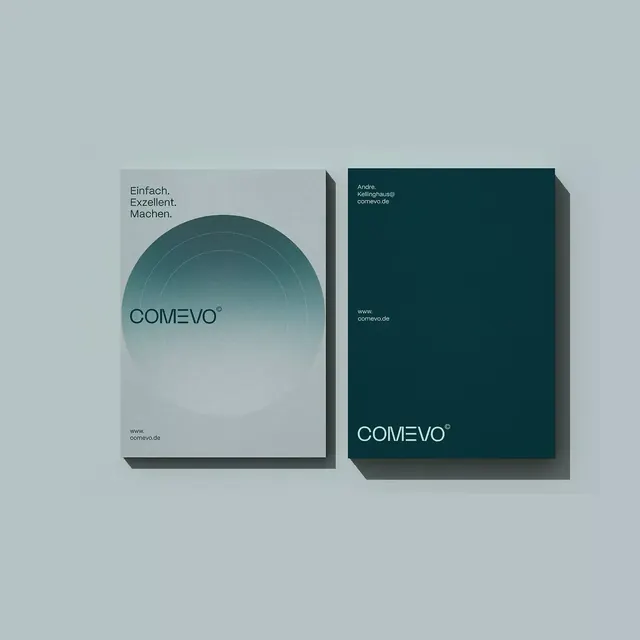 Comevo business card mockup split-tone teal, corporate-clean, minimal, cool