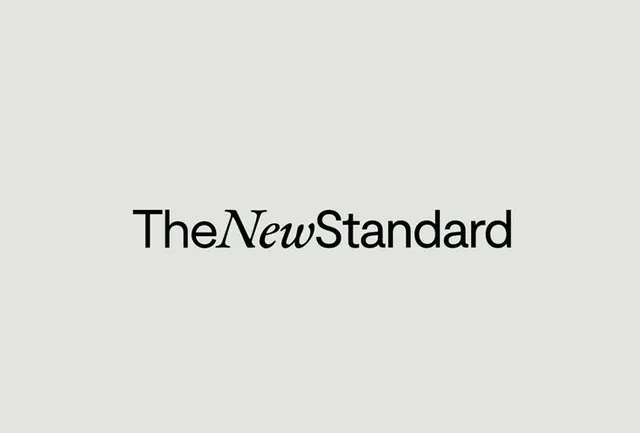 TheNewStandard mixed-typeface logotype, minimal, editorial, dark