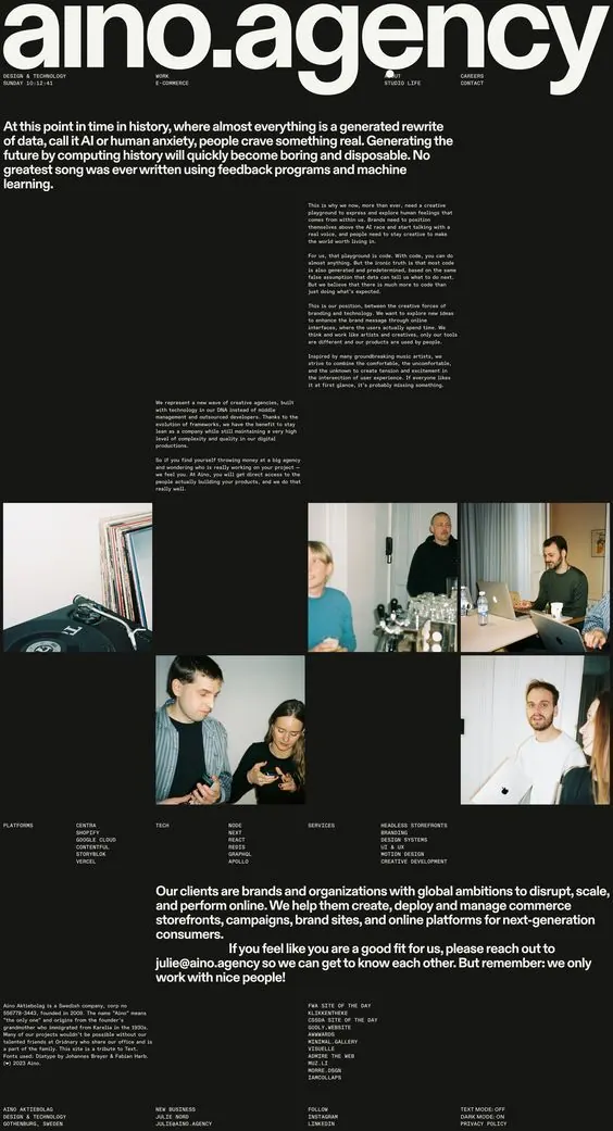 Aino Agency dark website layout, dark-mode, minimal, dark