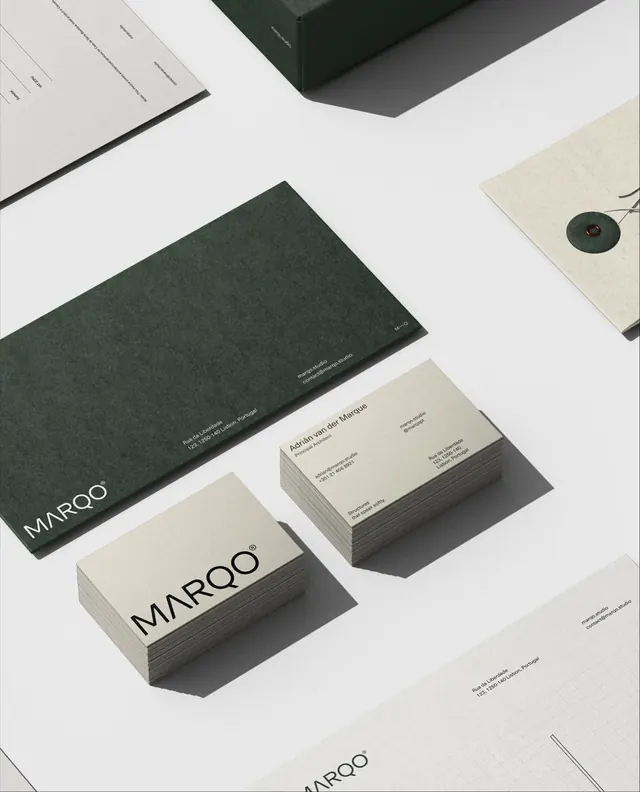 Maroo: matte dark-green stationery and business-card system, minimal, editorial, light