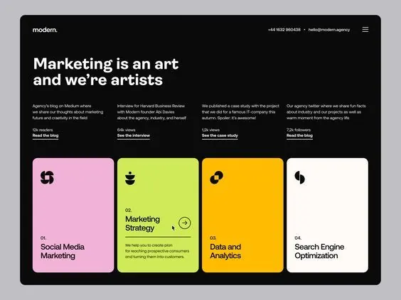 Modern agency website with neon service cards, geometric, minimal, dark