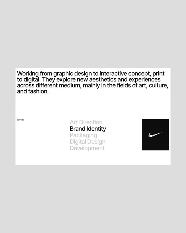 Design agency services grid with bold brand mark, minimal, corporate-clean, light