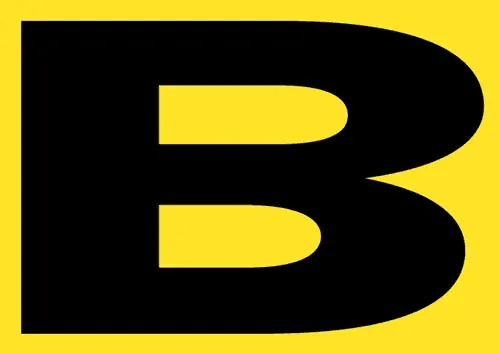 Bold capital B in black on yellow, minimal, geometric, dark