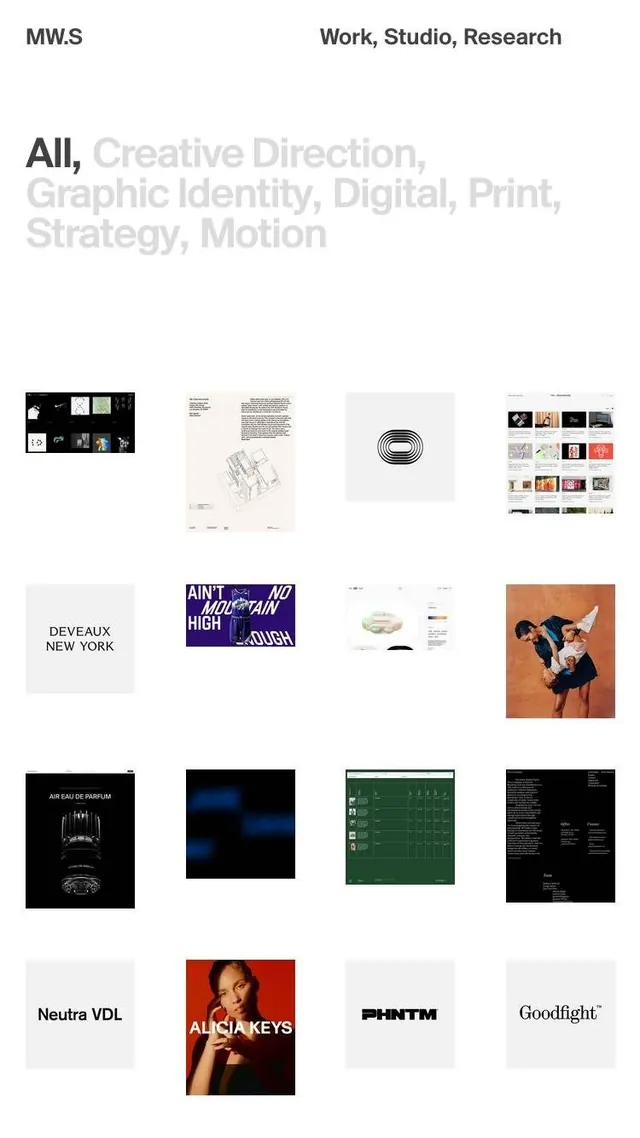 MWS creative studio portfolio grid, minimal, editorial, dark