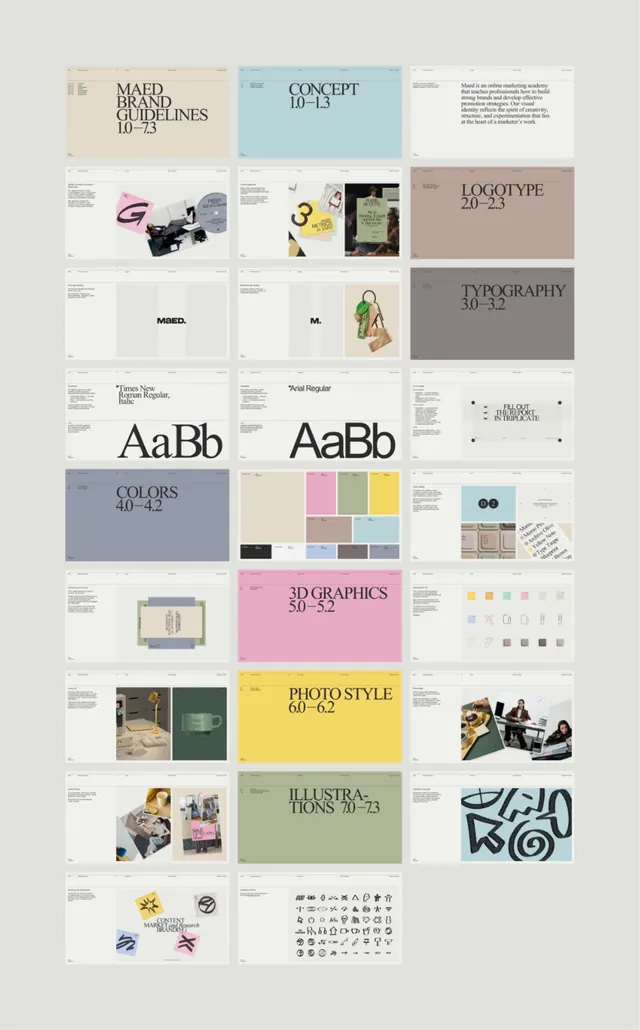 Modular design system with sectioned guide pages, minimal, corporate-clean, light