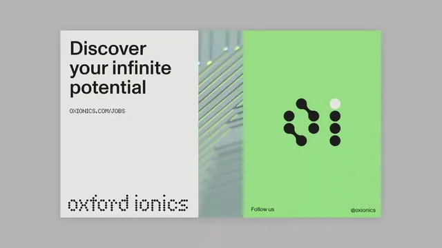 Oxionics branding split-panel layout with geometric logo, minimal, corporate-clean, light