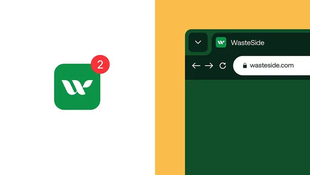 WasteSide app icon and browser UI, flat, minimal, dark