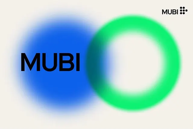 MUBI: overlapping color-gradient orbs with stacked-dot icon, minimal, geometric, light