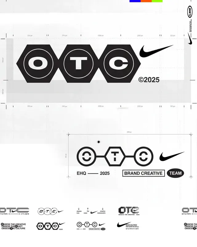 OTC hexagonal identity system with Nike Swoosh, geometric, corporate-clean, dark