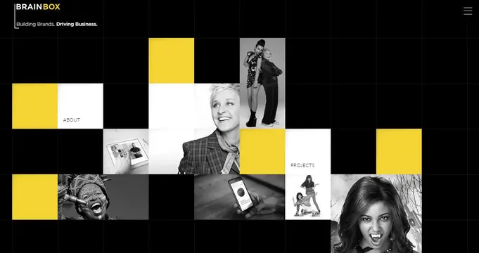 Brainbox grid portfolio homepage, minimal, corporate-clean, dark