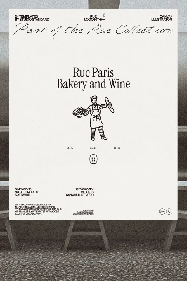 Line-art identity: chef illustration and serif wordmark, minimal, line-art, dark