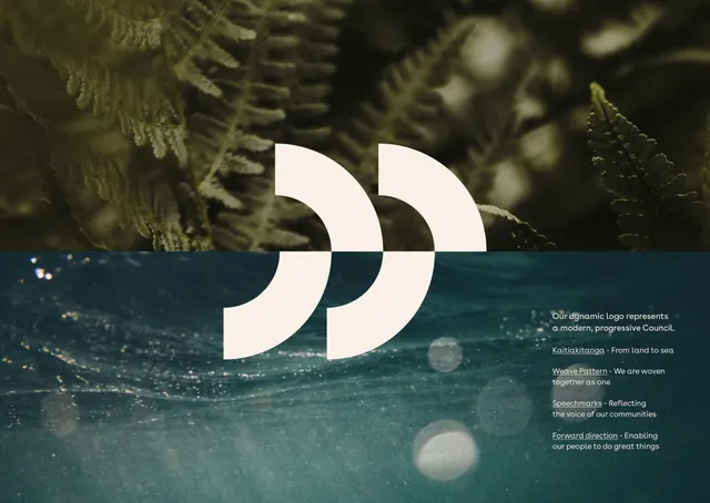 Council Kaitiakitanga identity system with quotation mark logo, minimal, organic, light