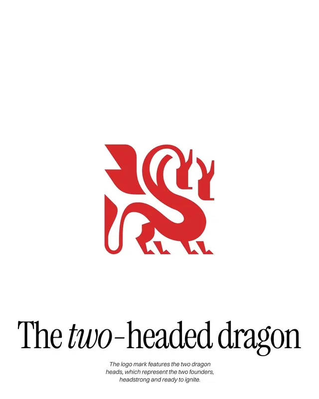 Two-headed dragon wordmark logo, illustrated, geometric, warm