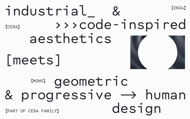 Industrial code-inspired typographic layout, technical, geometric, dark