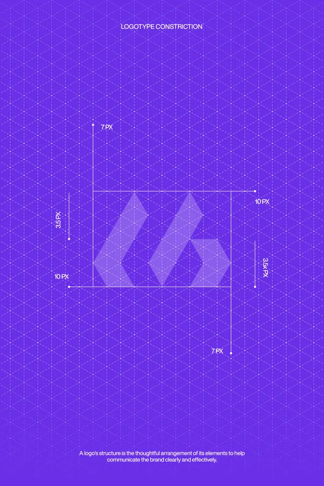 Logo construction blueprint on purple gradient, technical, geometric, vibrant