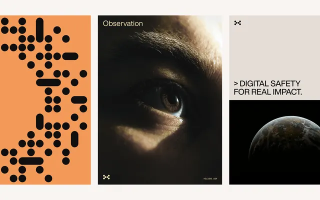 Digital safety poster with abstract and photographic layers, editorial, minimal, dark
