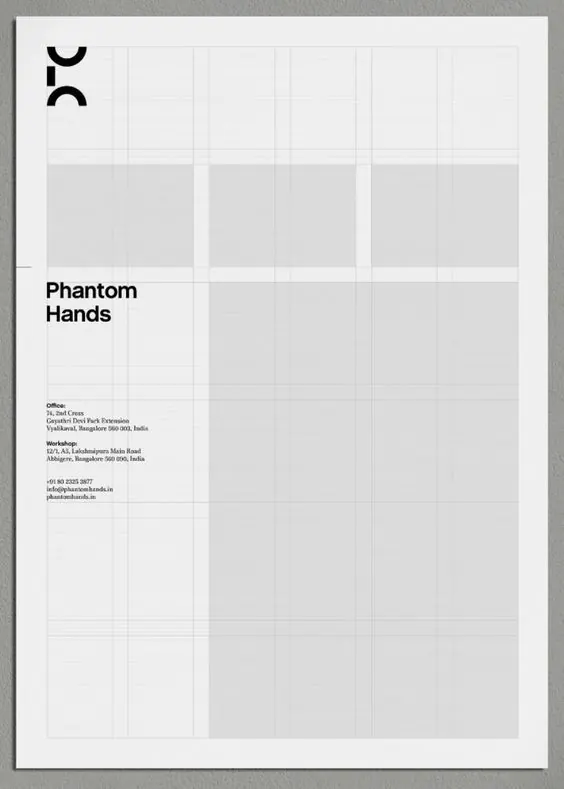 Phantom Hands brand guidelines grid layout, minimal, corporate-clean, light