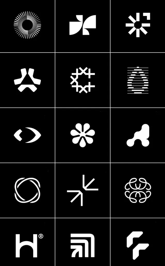 Monochrome grid of twelve abstract mark symbols, minimal, geometric, dark