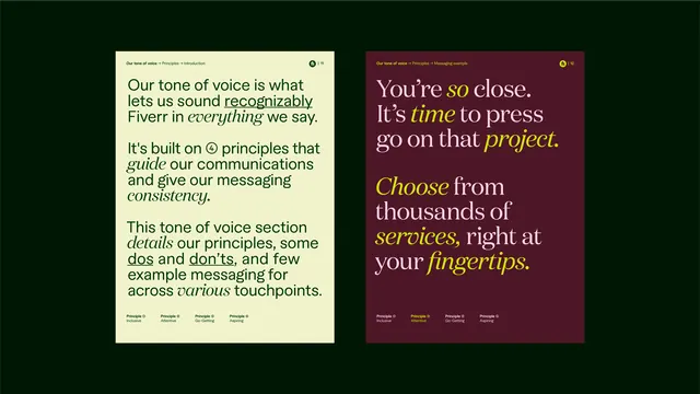 Tone of voice principle cards with dark and warm backgrounds, minimal, corporate-clean, dark