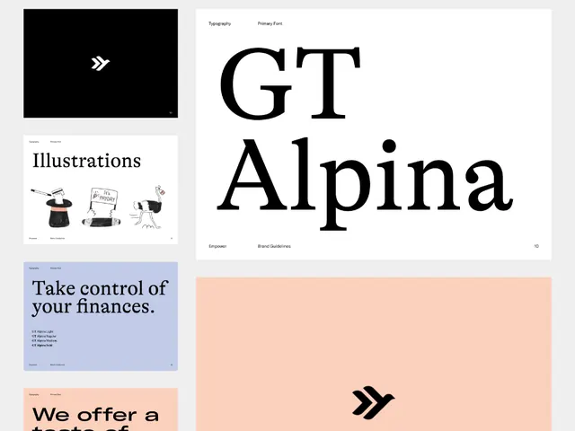 GT Alpina brand guidelines spread, minimal, corporate-clean, dark