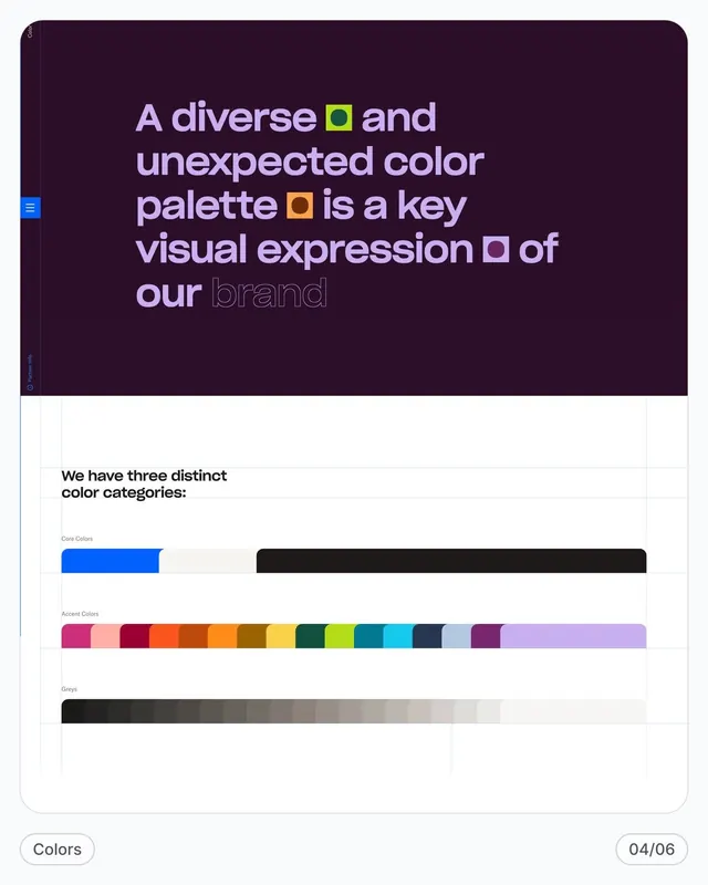 Brand color system guide with core and accent palette, corporate-clean, data-dense, dark