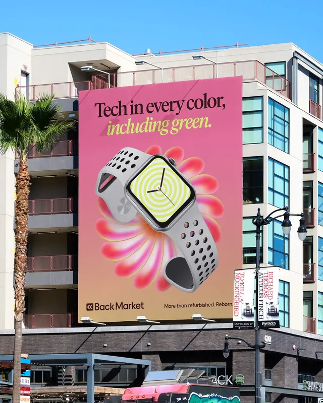 Back Market wallscape billboard with gradient smartwatch, photographic, gradient-heavy, warm